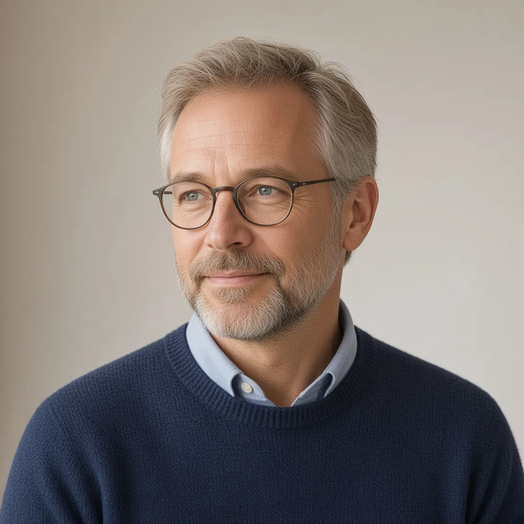 Henrik Nielsen, bursar, in a navy sweater and glasses