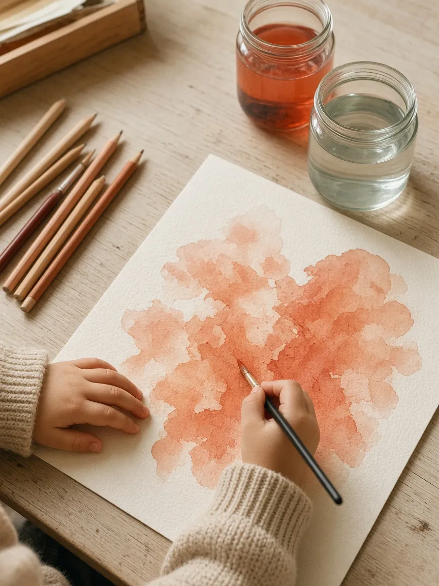 A child's hands painting a coral watercolour at an art table